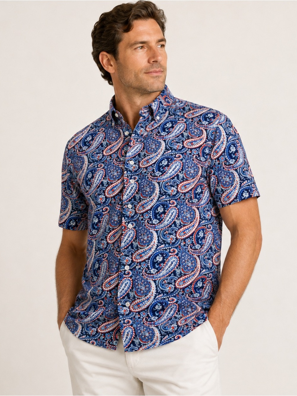 Cremieux Premium Denim Men's Large Paisley Button Down Shirt Blue Red Stretch